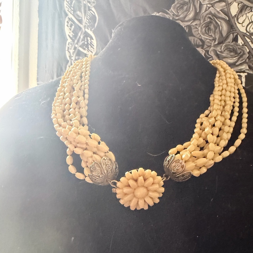 Handcrafted Cream Multi-Strand Floral Statement Necklace